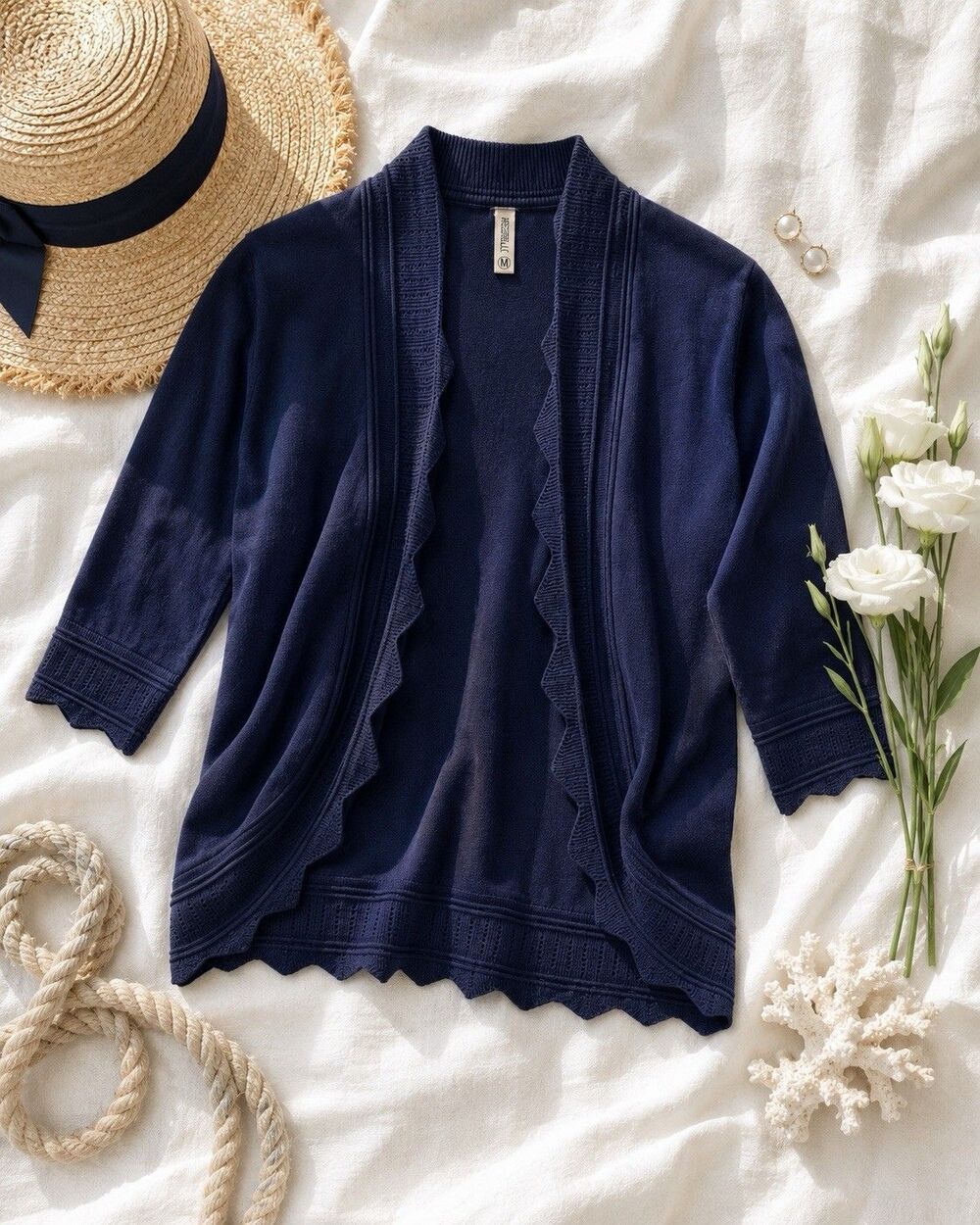Grecerelle Navy Crochet Trim Open Front Cardigan M